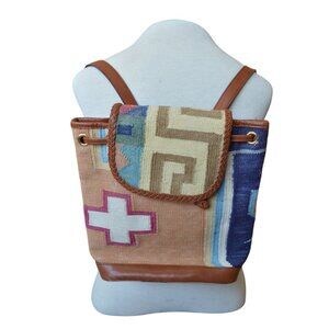 Small Boho Tapestry Backpack Genuine Leather Trim Earth Tone Granola Coconut Gir